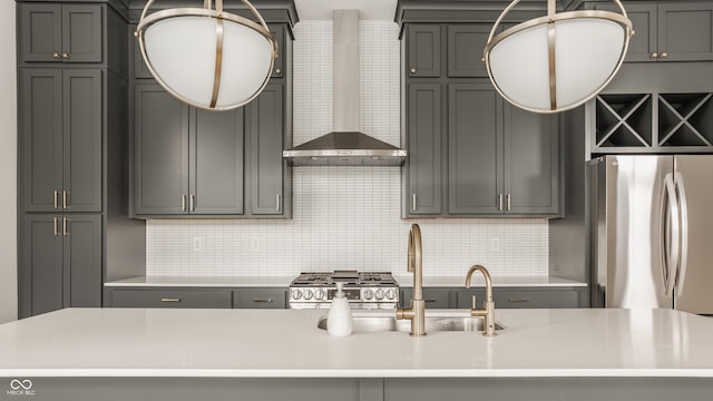 401 Jersey St, Westfield, IN 46074 - kitchen with freestanding refrigerator, gray cabinets, and wall chimney range hood