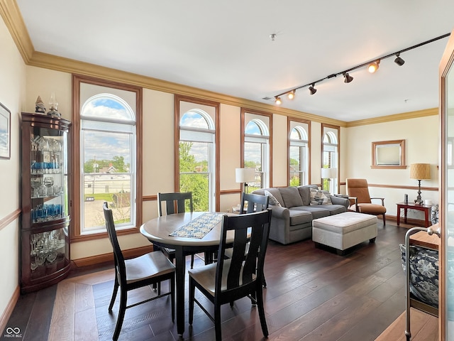 1026 Jackson St, Columbus, IN 47201 - dining area featuring ornamental molding, dark wood-style floors, baseboards, and track lighting
