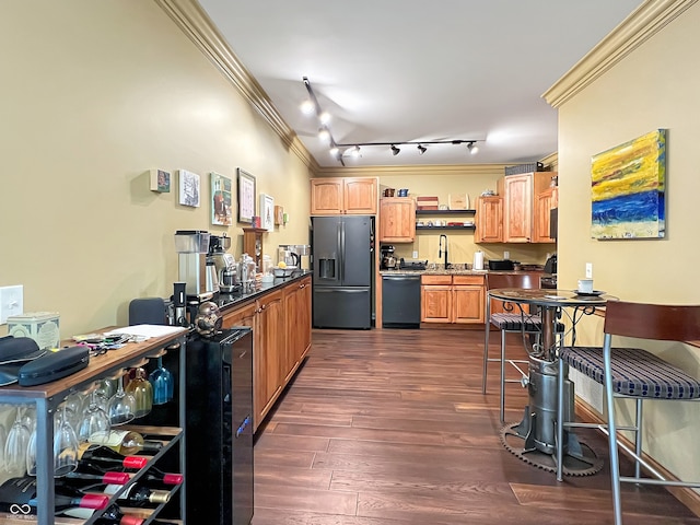 1026 Jackson St, Columbus, IN 47201 - kitchen with black appliances, ornamental molding, open shelves, dark wood-style flooring, and a sink