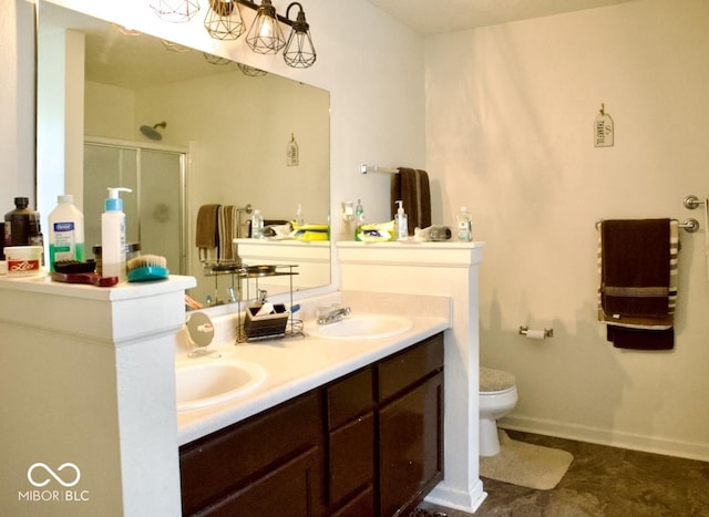 1831 Brook Crossing Way, Indianapolis, IN 46229 - full bath featuring double vanity, toilet, baseboards, a shower stall, and a sink