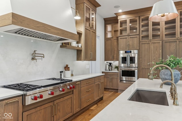 11064 Hamilton Run, Zionsville, IN 46077 - kitchen featuring custom exhaust hood, stainless steel appliances, a sink, wood finished floors, and light countertops
