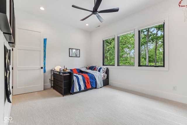 11064 Hamilton Run, Zionsville, IN 46077 - bedroom featuring light colored carpet, baseboards, recessed lighting, and a ceiling fan