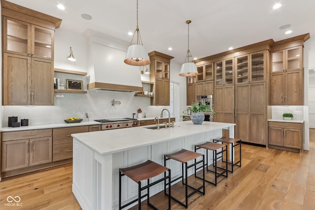 11064 Hamilton Run, Zionsville, IN 46077 - kitchen with a sink, open shelves, decorative backsplash, light countertops, and recessed lighting