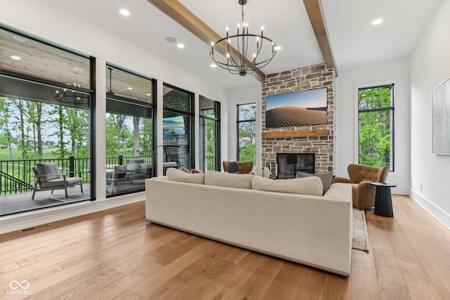 11064 Hamilton Run, Zionsville, IN 46077 - living room featuring a chandelier, hardwood / wood-style floors, beam ceiling, a fireplace, and recessed lighting
