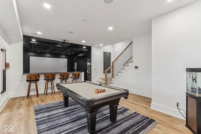 11064 Hamilton Run, Zionsville, IN 46077 - game room featuring billiards, a dry bar, light wood-style floors, baseboards, and recessed lighting