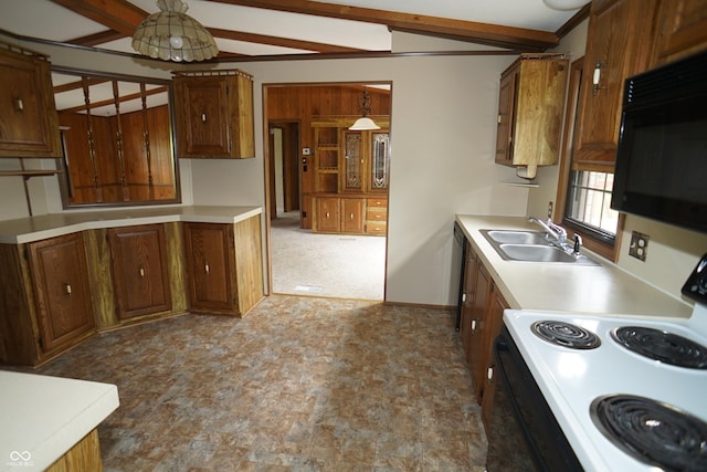 kitchen featuring brown cabinetry, a sink, white electric range oven, and black microwave