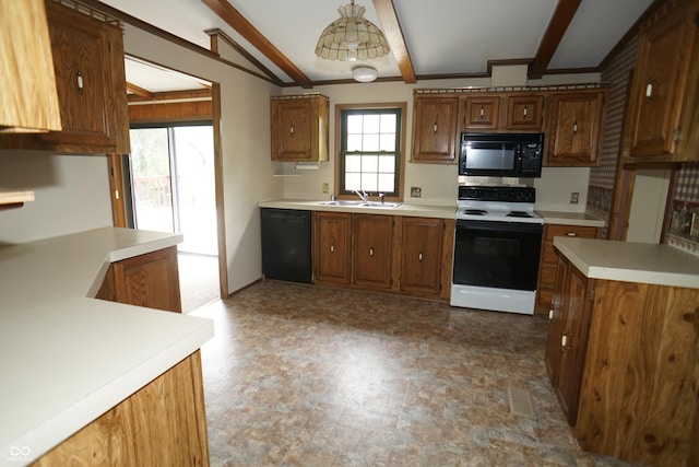 kitchen with a sink, light countertops, beamed ceiling, and black appliances