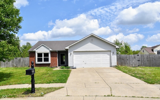 ranch-style house featuring an attached garage, a front lawn, fence, and brick siding
