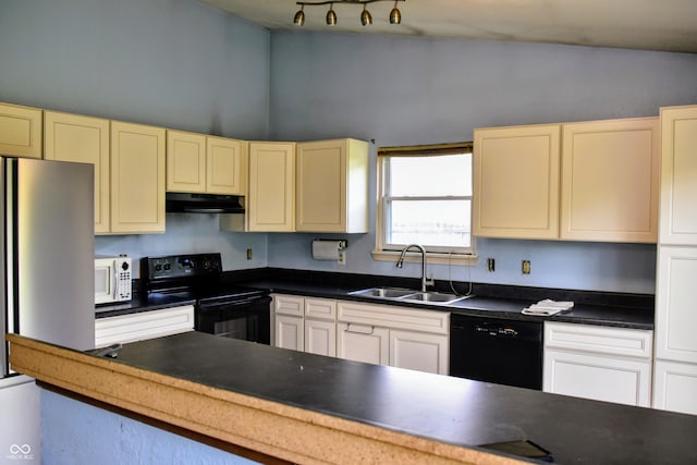 kitchen featuring a sink, cream cabinetry, black appliances, and under cabinet range hood