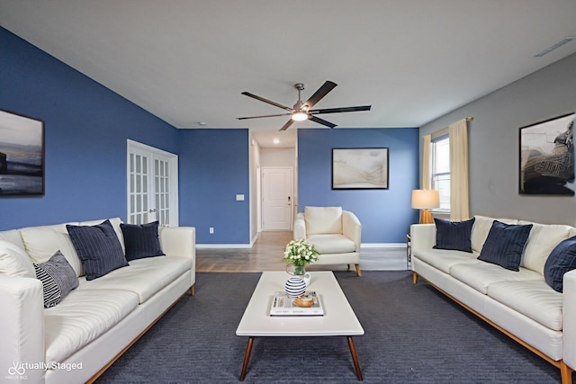 2628 Lamar Dr, Whitestown, IN 46075 - living room featuring ceiling fan, french doors, wood finished floors, and recessed lighting