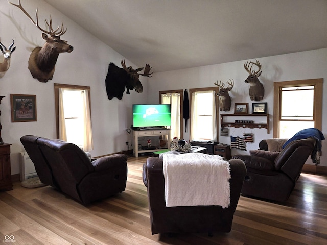 living area with light wood-style floors and lofted ceiling
