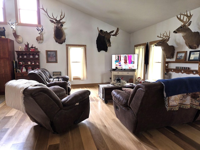 living room with lofted ceiling, light wood-style flooring, and plenty of natural light