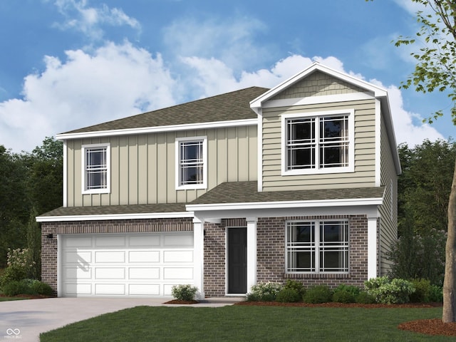 view of front of property featuring board and batten siding, a garage, brick siding, a front lawn, and concrete driveway