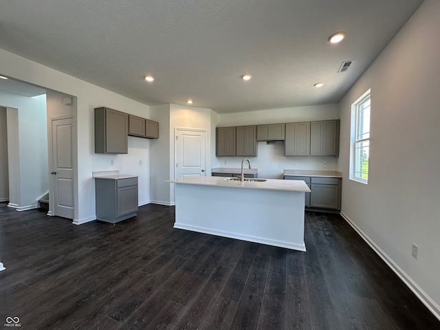50 Benfield Dr, Whiteland, IN 46184 - kitchen featuring gray cabinets, dark wood-style flooring, a center island with sink, recessed lighting, and light countertops