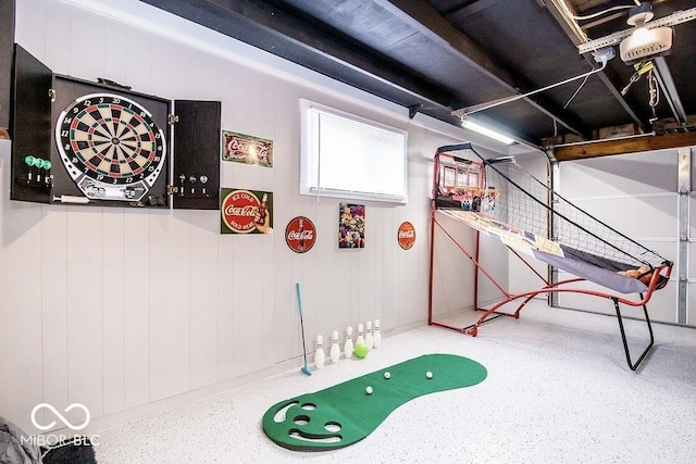 rec room with speckled floor
