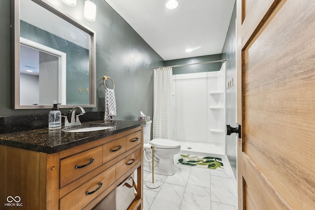 bathroom with a shower stall, vanity, toilet, marble finish floor, and recessed lighting
