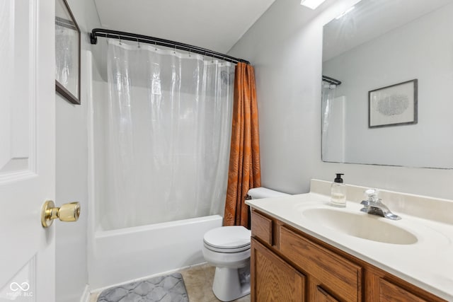 bathroom with vanity, tile patterned flooring, toilet, and shower / tub combo with curtain