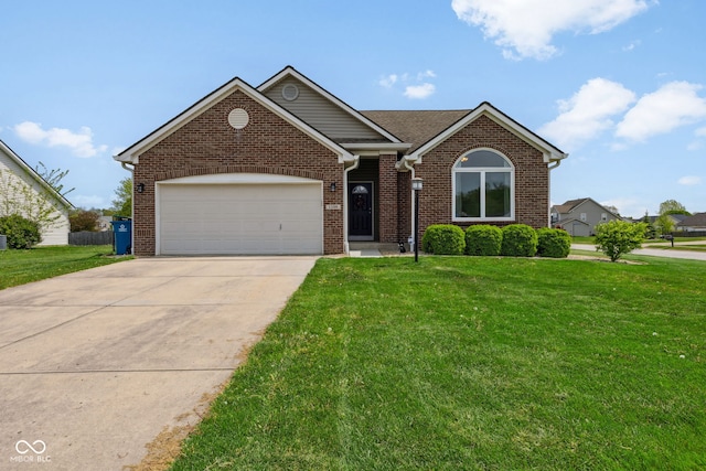 view of front of home with a garage, concrete driveway, a front yard, and brick siding
