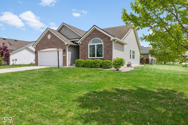 ranch-style home with a front lawn, brick siding, a shingled roof, an attached garage, and driveway