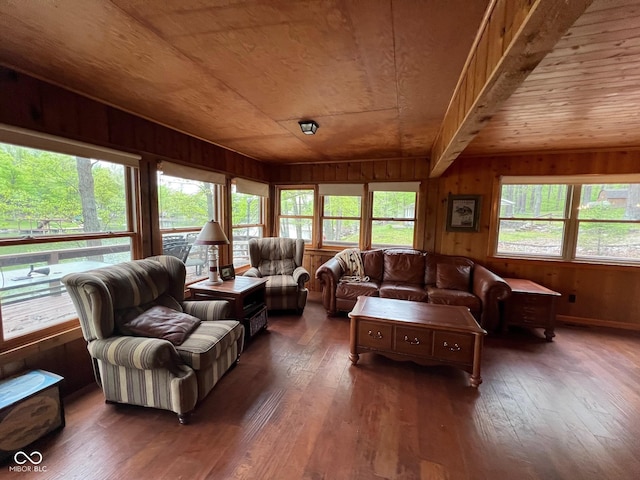 living room with wood-type flooring, wooden walls, and wooden ceiling