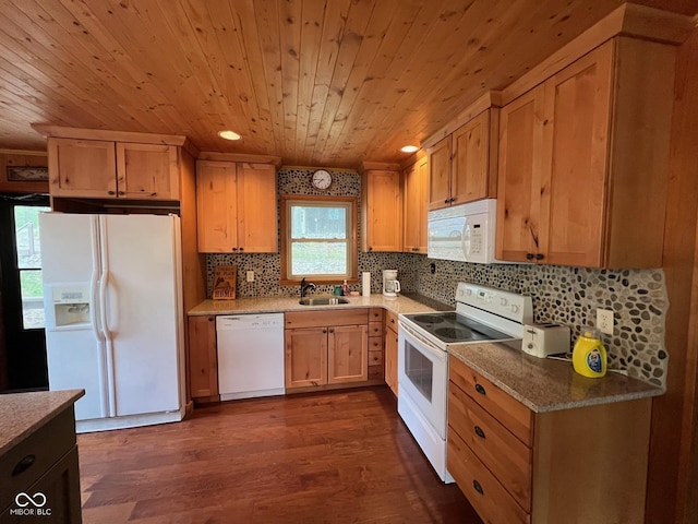 kitchen with decorative backsplash, dark wood finished floors, a sink, wooden ceiling, and white appliances
