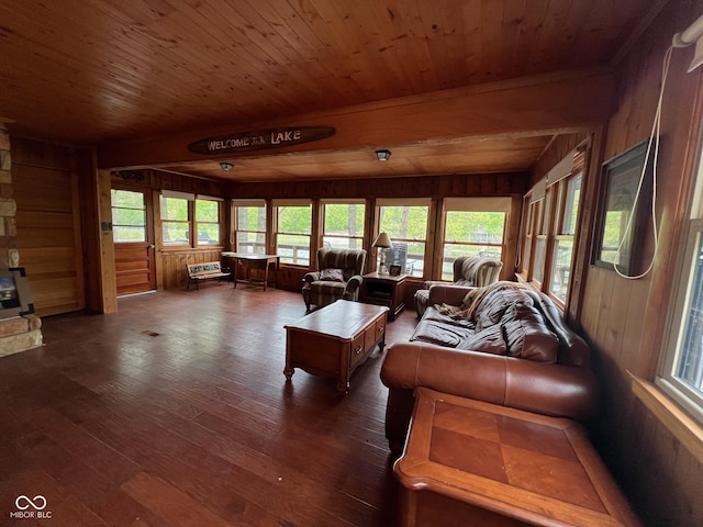 living room with wooden walls, wooden ceiling, and dark wood-style floors