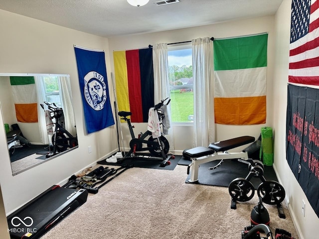 exercise area featuring visible vents, carpet flooring, and baseboards