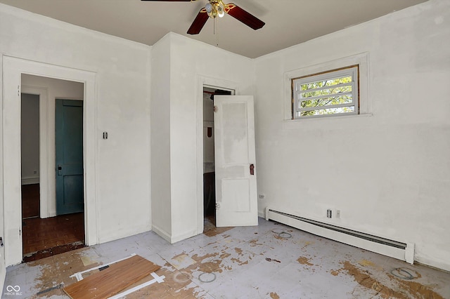 unfurnished bedroom with baseboards, ceiling fan, and baseboard heating