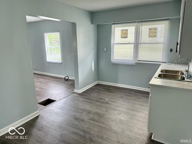 unfurnished dining area featuring baseboards, a sink, and dark wood-style floors