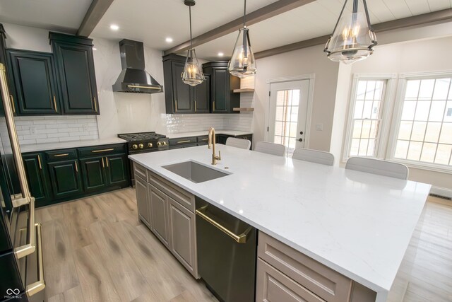 12520 E Stanley Rd, Selma, IN 47383 - kitchen with wall chimney range hood, tasteful backsplash, a sink, and dishwasher