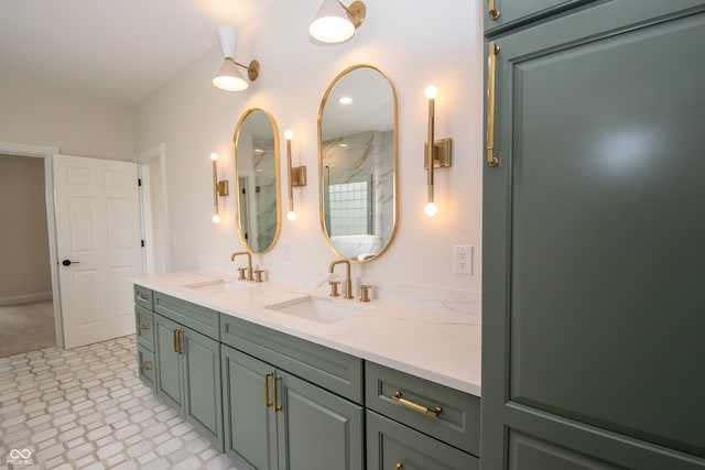 12520 E Stanley Rd, Selma, IN 47383 - bathroom featuring double vanity, tile patterned floors, walk in shower, and a sink