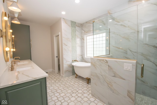 12520 E Stanley Rd, Selma, IN 47383 - full bath featuring double vanity, recessed lighting, a freestanding bath, a shower stall, and a sink