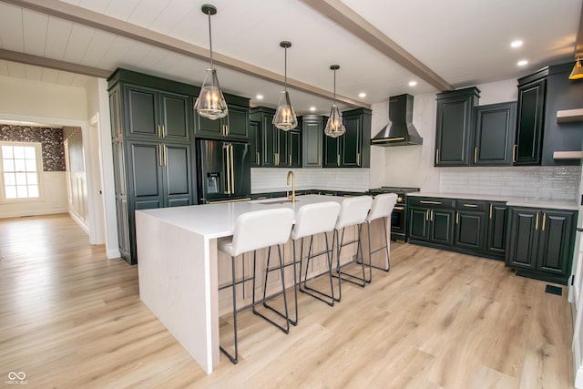 12520 E Stanley Rd, Selma, IN 47383 - kitchen featuring high end appliances, open shelves, wall chimney exhaust hood, beam ceiling, and light wood-style flooring