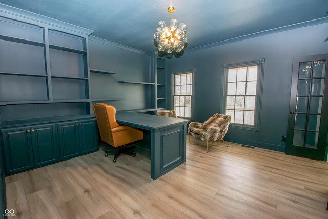 12520 E Stanley Rd, Selma, IN 47383 - office space featuring visible vents, ornamental molding, light wood finished floors, and a notable chandelier