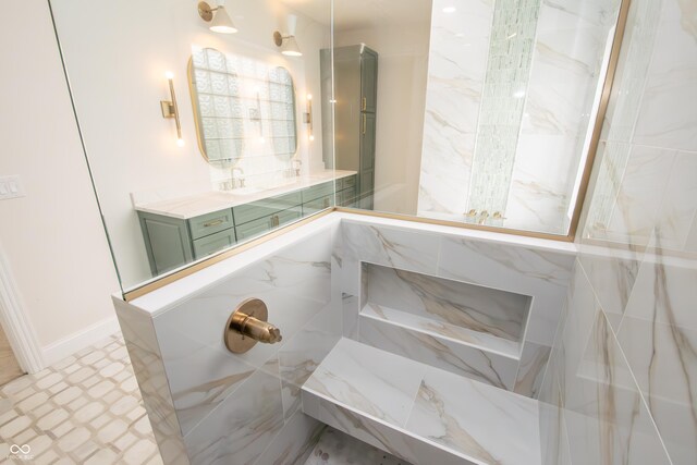 12520 E Stanley Rd, Selma, IN 47383 - bathroom featuring baseboards, a marble finish shower, and vanity