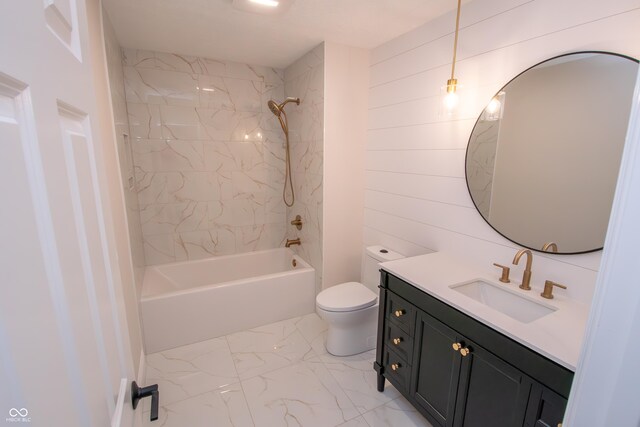 12520 E Stanley Rd, Selma, IN 47383 - bathroom with wooden walls, shower / tub combination, vanity, toilet, and marble finish floor