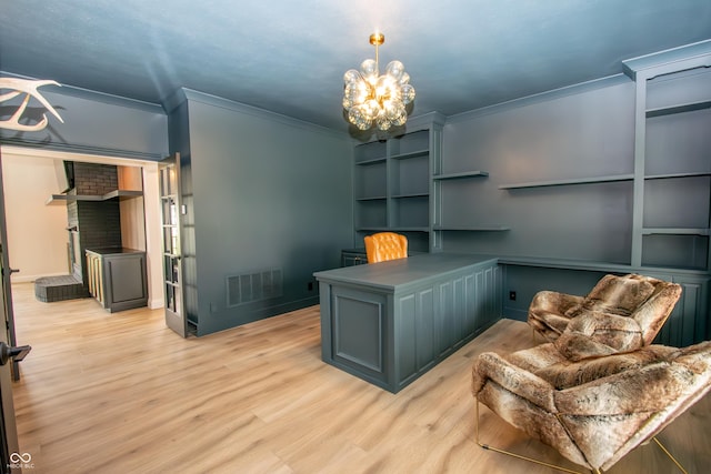 12520 E Stanley Rd, Selma, IN 47383 - office featuring crown molding, light wood-type flooring, a chandelier, and visible vents