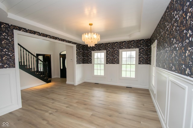 12520 E Stanley Rd, Selma, IN 47383 - unfurnished dining area featuring a wainscoted wall, a chandelier, and wallpapered walls