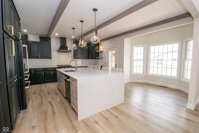 12520 E Stanley Rd, Selma, IN 47383 - kitchen with decorative backsplash, beam ceiling, and wall chimney range hood