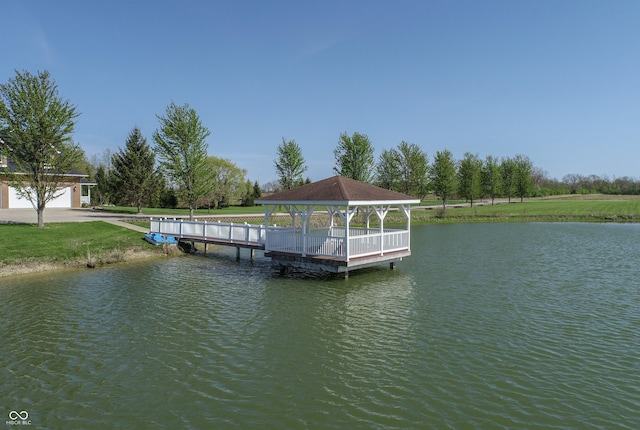 12520 E Stanley Rd, Selma, IN 47383 - view of dock featuring a gazebo, a water view, and a yard