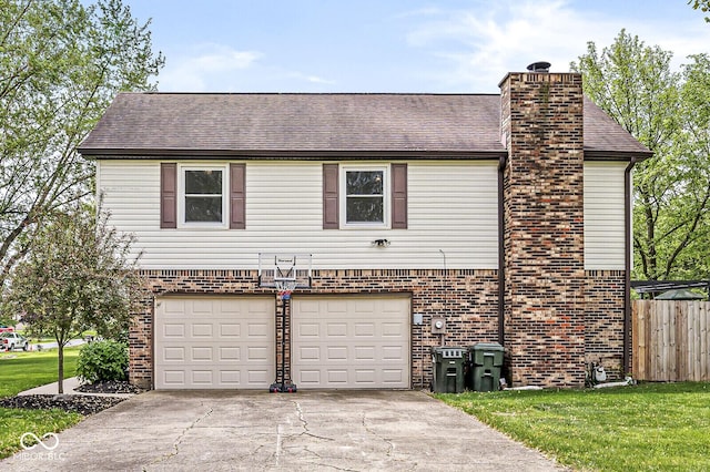 view of home's exterior featuring a garage, fence, a chimney, brick siding, and concrete driveway