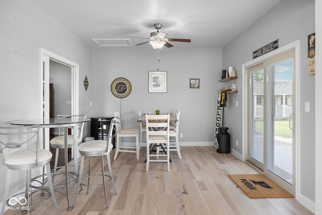 5136 Centerview Dr, Battle Ground, IN 47920 - dining space featuring light wood-style floors, baseboards, and a ceiling fan