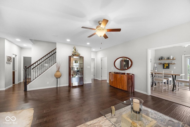 5136 Centerview Dr, Battle Ground, IN 47920 - living room with recessed lighting, a ceiling fan, stairs, and wood finished floors