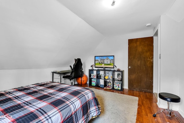 bedroom featuring wood finished floors and vaulted ceiling