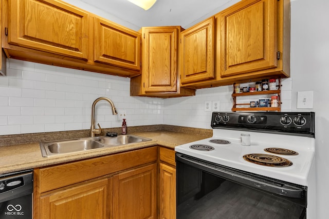 kitchen featuring a sink, electric range, dishwasher, and tasteful backsplash