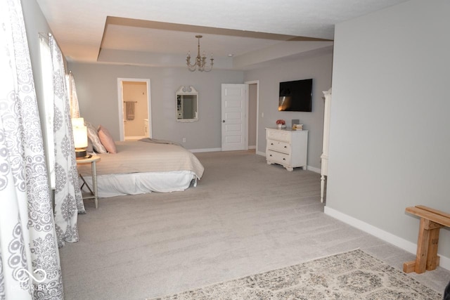 9176 Springbrook Dr, Pendleton, IN 46064 - bedroom featuring light colored carpet, a chandelier, baseboards, and a raised ceiling
