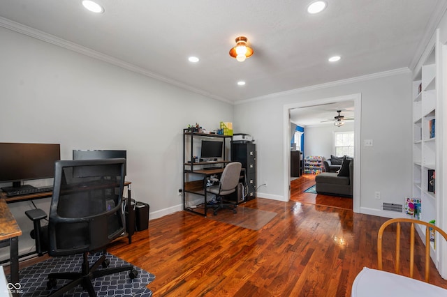 155 N Franklin Rd, Indianapolis, IN 46219 - office space featuring ornamental molding, a ceiling fan, wood finished floors, and visible vents