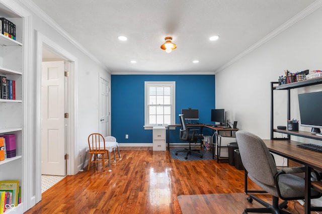 155 N Franklin Rd, Indianapolis, IN 46219 - home office with baseboards, ornamental molding, recessed lighting, and wood finished floors