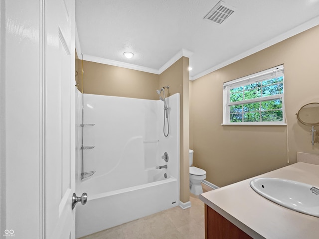 full bathroom featuring vanity, toilet, bathing tub / shower combination, visible vents, and ornamental molding