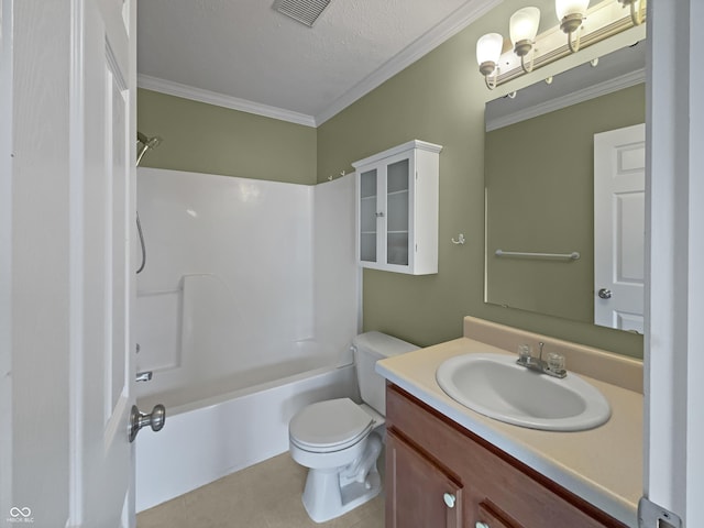 bathroom featuring visible vents, crown molding, vanity, toilet, and washtub / shower combination